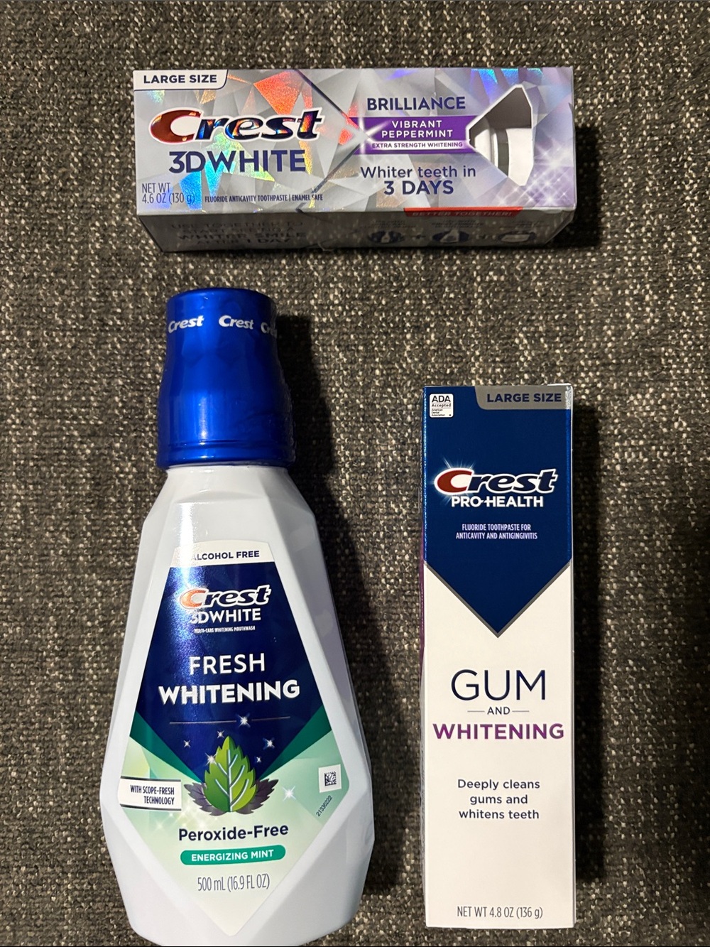 Crest Fresh Whitening Mouthwash & Toothpaste Trio in Blue, White, Green